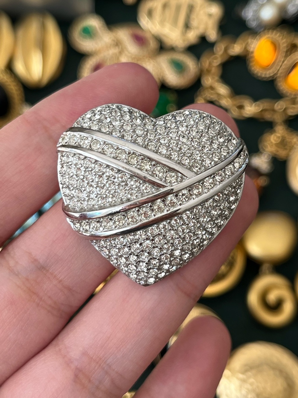Authentic Vintage Dior Ribbon Wrapped Heart Rhinestone Pavé Silver Brooch Pin